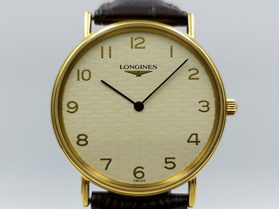 【發條盒子H2639】 LONGINES 浪琴  經典米面 鍍金/不銹鋼石英 中性腕錶 經典皮帶錶款 L4.637.2