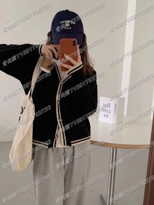 韓國東大門0817早秋新拼色毛衣外套女個性針織花紋寬松型長袖韓版學院風撞色上衣