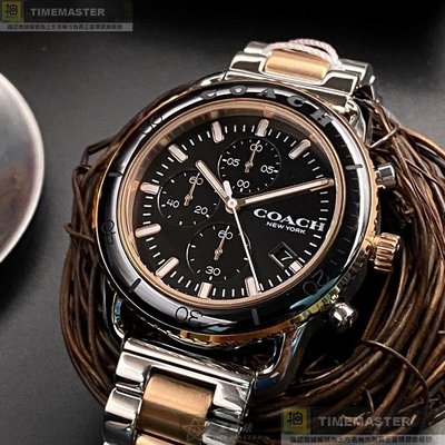 COACH手錶,編號CH00119,44mm黑金圓形精鋼錶殼,黑色三眼, 中三針顯示, 運動錶面,金銀相間精鋼錶帶款