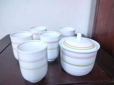 (日本茶具)有田燒弦紋白磁茶杯+蓋罐（A1151)