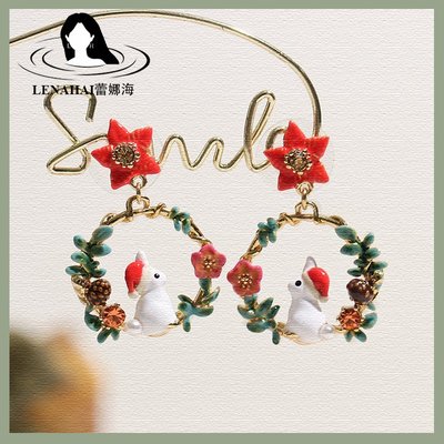 【MOMO全球購】Les Nereides 圣誕兔子花朵小眾耳環設計感氣質925銀耳釘耳夾戒指項鏈