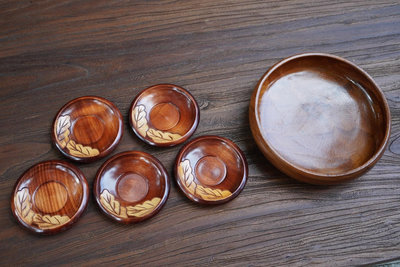 日本老木大缽杯托一大五小實木茶盤壺承