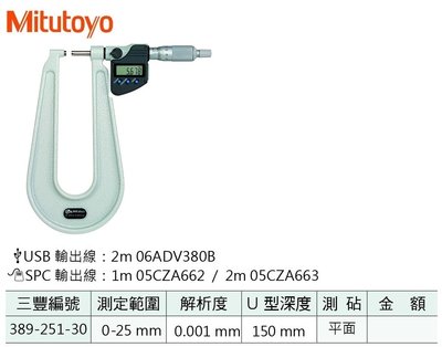 日本三豐Mitutoyo 389-251-30 數位式U型外徑測微器 測定範圍:0-25mm 解析度:0.001mm
