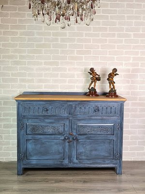 【卡卡頌  歐洲古董】英國 鴿藍 橡木雕刻 細膩 刷色櫃 古董櫃 腰櫃 邊櫃 ca0400 ✬