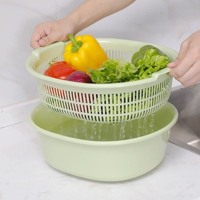 果盤雙層塑料洗菜盆瀝水籃家用廚房淘菜筐大號創意洗菜籃子客廳水果盤,特價