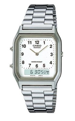 【萬錶行】CASIO 銀色時尚復古雙顯指針錶 AQ-230A-7B