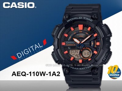 CASIO 卡西歐 手錶專賣店 國隆 AEQ-110W-1A2 雙顯男錶 樹脂錶帶 黑X橘色防水100米 AEQ-110W