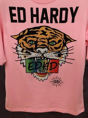 亞軒潮店 潮款現出Ed Hardy 新款印花燙鉆老虎頭休閑純棉短袖寬松中長款女士T恤