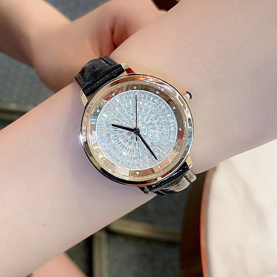 詩高迪時尚玫瑰金色鑽面女士手錶  鑲鑽手錶女氣質皮錶帶