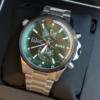 HUGO BOSS Globetrotter 綠色面錶盤 銀色不鏽鋼錶帶 石英 雙眼計時 男士手錶 1513930