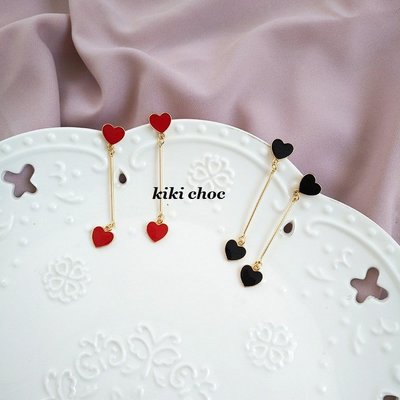♥kiki choc♥日系．甜美雙愛心垂墜長款耳環