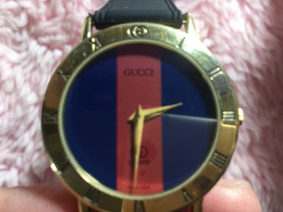 GUCCI 100%真品 藍紅藍 中性皮帶錶(男女適戴低價起標）