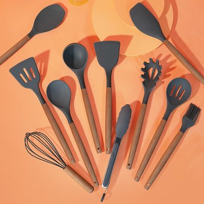 唯美家居生活館 kitchen utensils廚房用具不粘鍋收納桶木柄硅膠鍋鏟廚具12件套裝