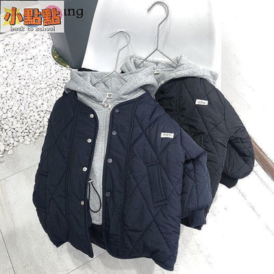 【小點點】韓國童裝兒童外套男女童冬季假兩件連帽棉服男童洋氣保暖棉衣
