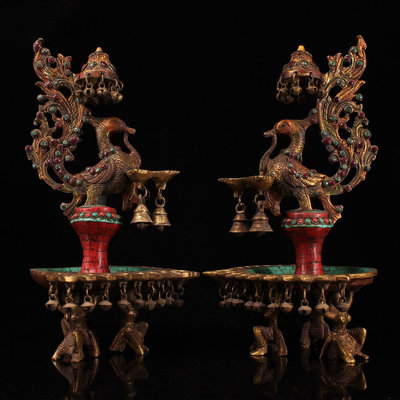 尼泊爾寺院收老純銅純手工打造鑲嵌寶石彩繪鳳凰油燈 蠟臺重4817克 高40公分 寬22公分 360000
