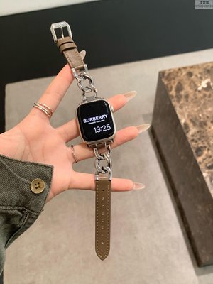 金屬鏈條拼接真皮表帶適用于applewatch78蘋果手表SE654設計女款