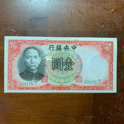 民國25年中央銀行壹圓全新品（德納羅版）
