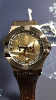 【成吉思汗精品】Maserati瑪莎拉蒂大三叉咖啡色咖啡皮錶帶帶日期咖啡色錶框R8851108011