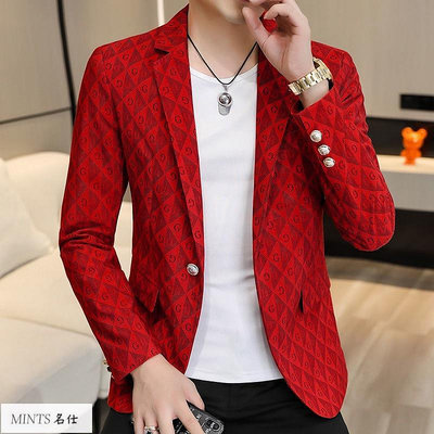 現貨秋季新款小西裝男韓版緊身帥氣青時尚休閒潮流紅色西裝外套-MINTS名仕男裝