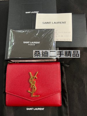 YSL Saint Laurent 金屬logo紅色魚子醬牛皮6卡短夾