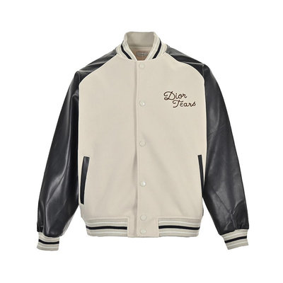 法國時尚精品Dior迪奧草寫字母背後刺繡皮革拼接夾克 棒球外套 代購