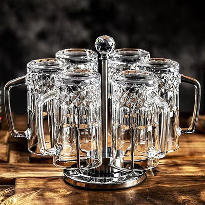 啤酒杯套裝輕奢高級感玻璃喝水杯帶把商用500ml扎啤杯家用大容量