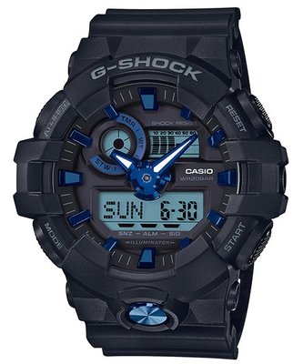 【金台鐘錶】CASIO 卡西歐G-SHOCK 鬧鈴電子錶 防水200米 (黑X藍) GA-710B-1A2