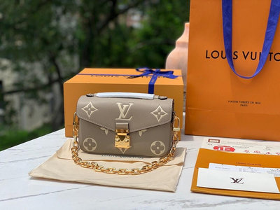 『RP精品』LOUIS VUITTON 路易威登 LV 老花全皮壓花 大象灰 金鍊 郵差包 斜背包 側背包