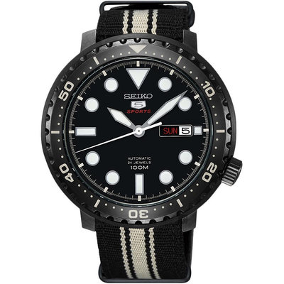 「官方授權」SEIKO 精工5號系列 時尚運動機械錶(SRPC67J1)-黑x帆布帶/44mmSK008