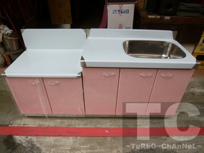 流理台【總長172公分-右水槽】台面&amp;櫃體不鏽鋼 粉紅線條門板 最新款流理臺