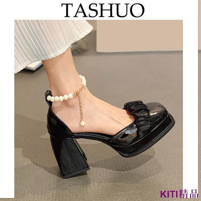 【熱賣精選】TASHUO 大尺碼43 超高跟涼鞋女2023夏季網紅新款粗跟復古法式珍珠一字帶瑪麗珍單鞋42