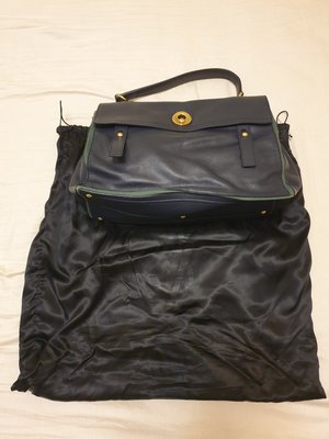 YSL-MUSE帆布＋皮革拼色手提包（無背帶）