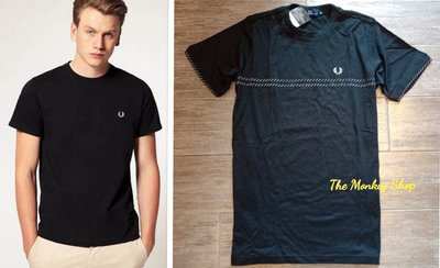 【 The Monkey Shop 】全新正品 FRED PERRY 黑色+ 白色斜條紋造型短袖上衣 T恤 棉T 純棉