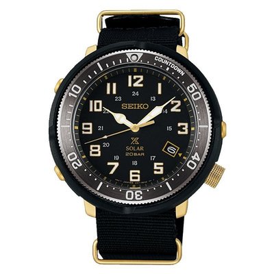 【金台鐘錶】SEIKO 精工錶 光動能 潛水錶 帆布帶 黑X金 (復古軍事風限量錶) SBDJ028J