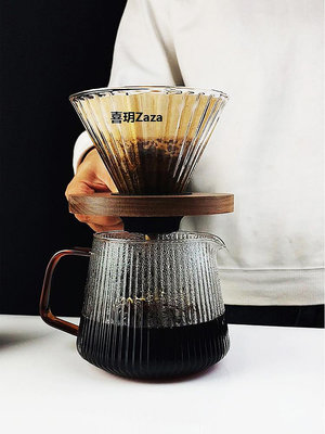 新品大容量耐高溫玻璃豎紋咖啡分享壺手沖咖啡壺套裝胡桃木托濾杯日式