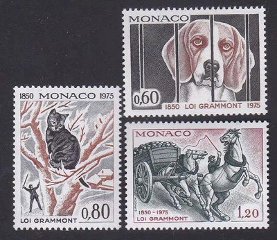 二手 外國郵票 摩納哥 1975年 動物3全 黑貓 馬車 狗 雕刻 郵票 郵品 紀念票【天下錢莊】291