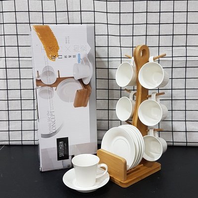 仙德曼反口杯架組 白瓷 天然竹+陶瓷 擺飾 6套杯盤+收納架