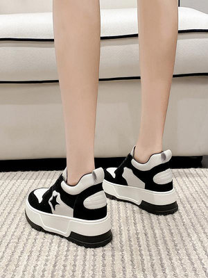 12公分黑白熊貓鞋真皮2023新款10CM內增高女鞋小個子加絨休閒鞋