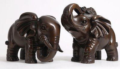 6664A 日式 招財純銅象對象擺件 銅雕刻招財招福大象一對銅製對象擺飾如意福氣大象工藝品風水擺飾禮物