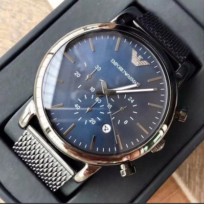 EMPORIO ARMANI 藍色錶盤 米蘭編織不銹鋼錶帶 三眼計時 男士手錶AR1979