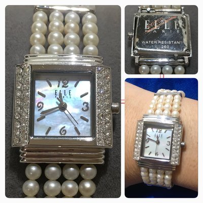 低價競標～ELLE珍珠母貝手錶 天然珍珠錶帶 圓形珍珠 特殊腕錶 手環式女錶  超美 款式少