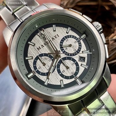MASERATI手錶,編號R8873621006,44mm銀圓形精鋼錶殼,槍灰藍三眼, 運動, 木紋錶面,銀色精鋼錶帶