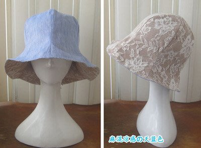 日本pozzyrap精緻蕾絲 雙面戴 日本遮陽帽 防曬帽 小顏帽 綁馬尾可使用 防曬抗UV 55-57CM 麻混天藍色