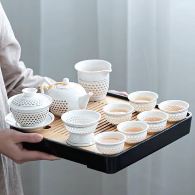 現貨 玲瓏陶瓷蜂窩鏤空蓋碗茶具套裝簡約家用現代功夫小茶壺辦公泡茶杯 可開發票