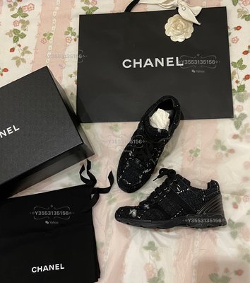 時尚萬歲 Chanel 全新超美黑色毛呢增高鞋 運動鞋 布鞋 球鞋 休閒鞋