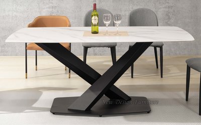 【N D Furniture】台南在地家具-X造型黑砂鐵腳座雪山白岩板餐桌/6尺岩板桌YH