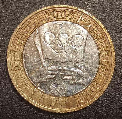 【二手】 英國2鎊，2012年 (北京 倫敦) 奧運旗幟交接28mm1834 錢幣 硬幣 紀念幣【明月軒】