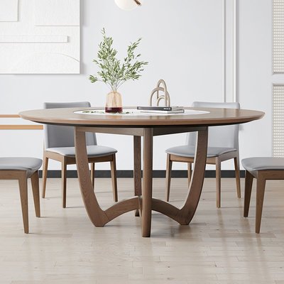 北歐實木巖板圓形餐桌椅組合簡約現代飯桌家用內嵌式轉盤大圓桌子 小夢想