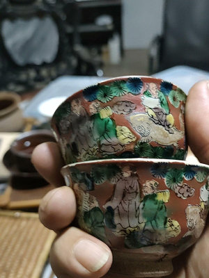日本明治時期九谷木米杯年代物畫工精湛包漿厚重用料質地十
