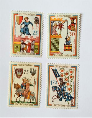 # 1961年 列支敦斯登侯國(Liechtenstein)郵票  遊唱詩人系列郵票  新票4全 很精美的印刷 可收藏!